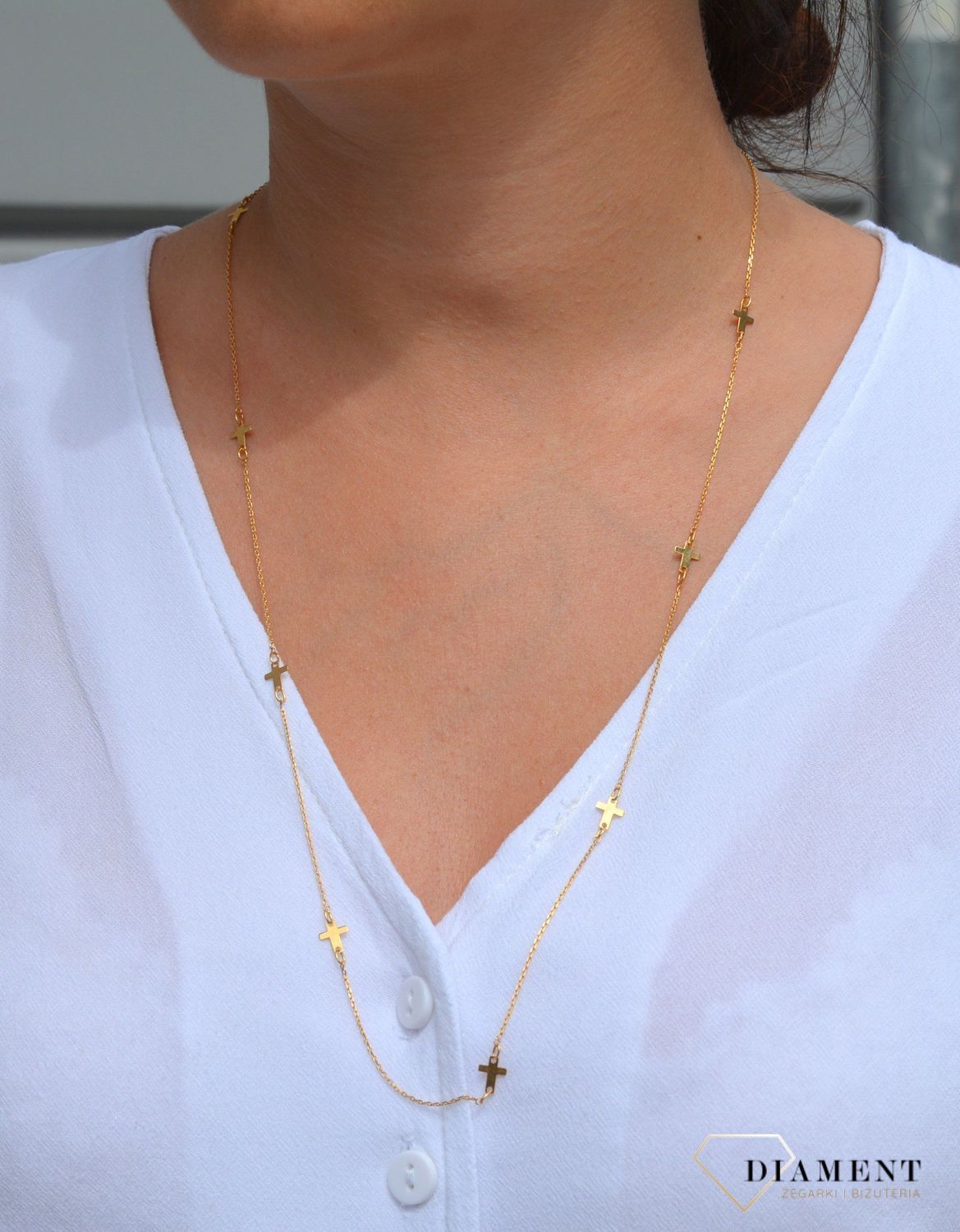 Złoty naszyjnik celebrytka 585 długi z krzyżykami.jpg